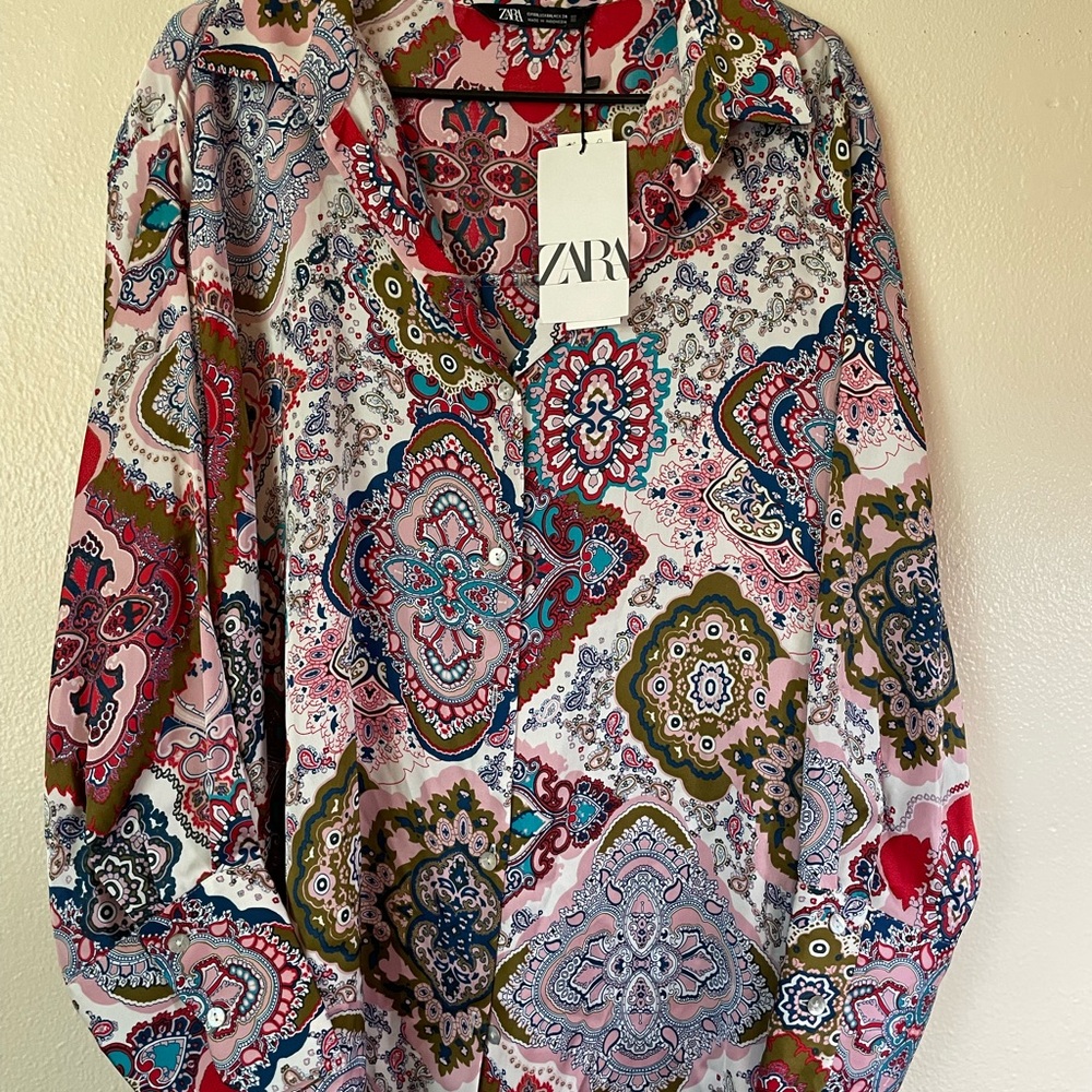 Zara Red and Blue Graphic Blouse with Mandarin Collar